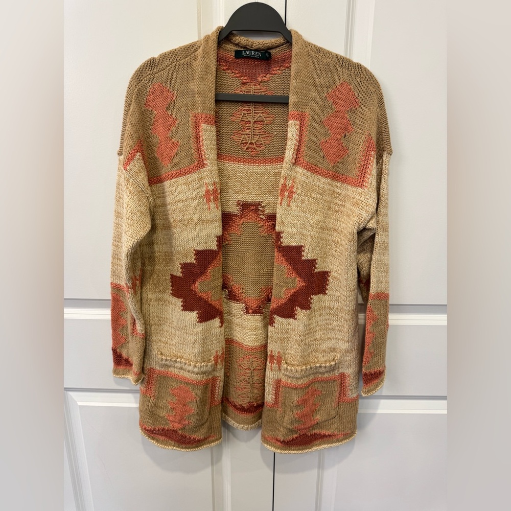 Lauren Ralph Lauren Southwestern Aztec Open Front Knit Cardigan Linen Sweater M